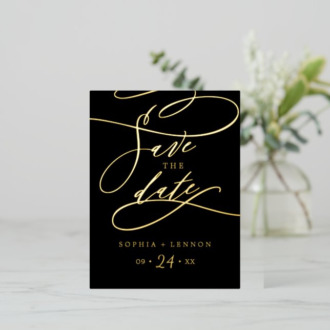 Romantic Gold Foil Calligraphy Black Save the Date Invitation Postcard (Standing Front)
