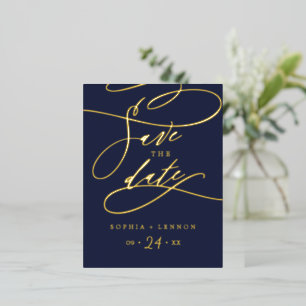 Romantic Gold Foil Calligraphy Navy Save the Date Invitation Postcard
