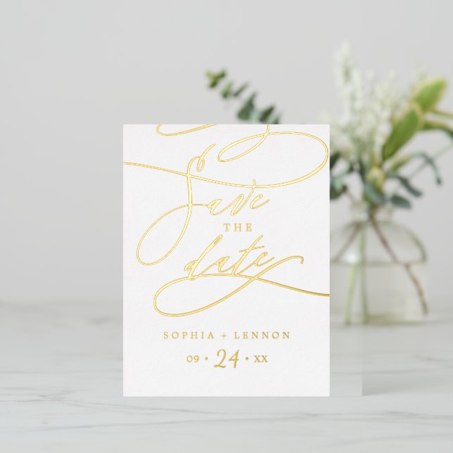 Romantic Gold Foil Calligraphy Save the Date Invitation Postcard (Standing Front)