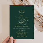 Romantic Gold Foil | Emerald Monogram Wedding<br><div class="desc">This romantic gold foil emerald monogram wedding invitation is perfect for a simple wedding. The modern classic design features fancy swirls and whimsical flourishes with gorgeous elegant hand lettered gold foil stamped typography on a dark emerald green background.</div>