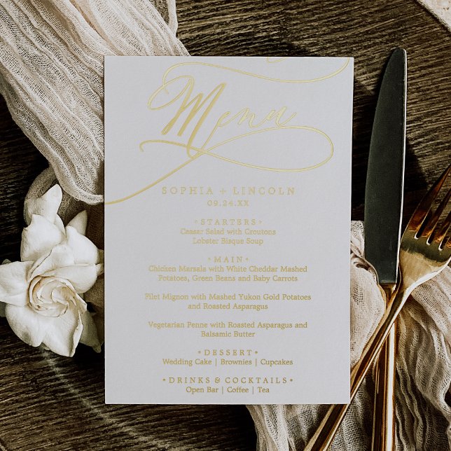 Romantic Gold Foil Fancy Elegant Wedding Menu (Romantic Gold Foil Fancy Elegant Wedding Menu Foil Invitation)