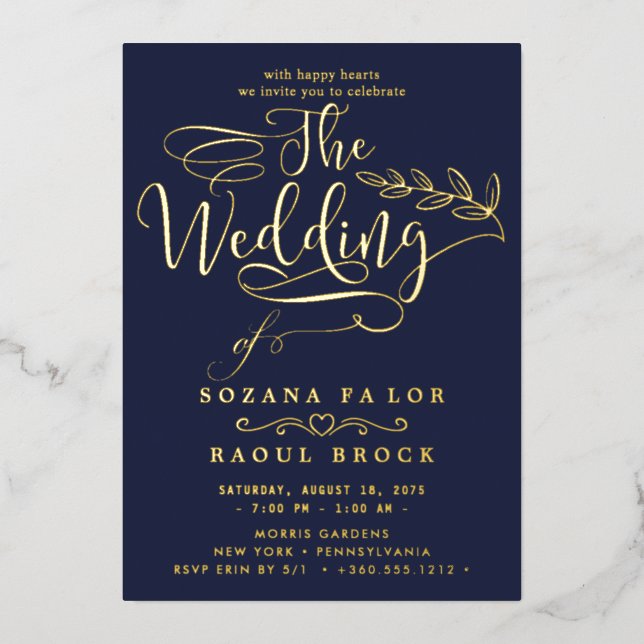 Romantic Gold Foil | Navy Blue Frame Wedding (Front)