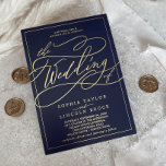 Romantic Gold Foil | Navy Blue Frame Wedding<br><div class="desc">This romantic gold foil navy blue frame wedding invitation is perfect for a simple wedding. The modern classic design features fancy swirls and whimsical flourishes with gorgeous elegant hand lettered gold foil stamped typography and a formal foil frame on a dark blue background.</div>