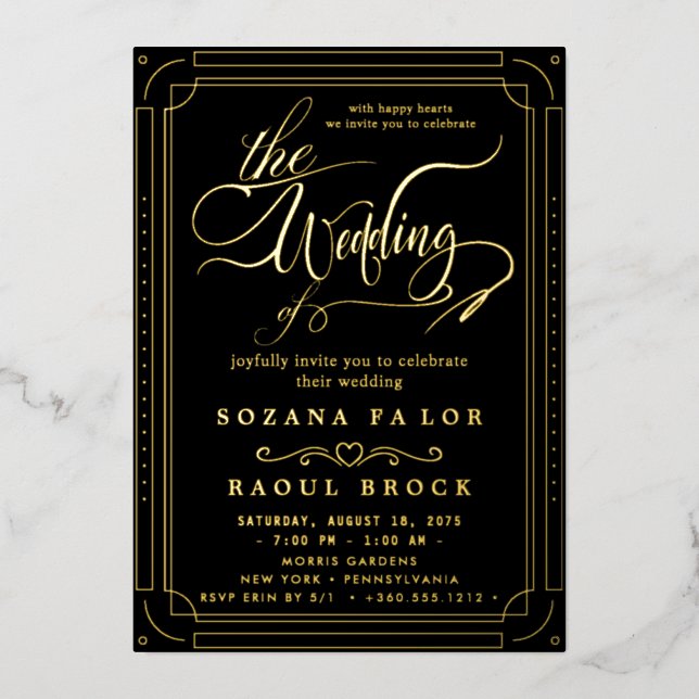 Romantic Gold Foil | Navy Blue Frame Wedding (Front)