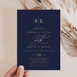 Romantic Gold Foil | Navy Blue Monogram Wedding<br><div class="desc">This romantic gold foil navy blue monogram wedding invitation is perfect for a simple wedding. The modern classic design features fancy swirls and whimsical flourishes with gorgeous elegant hand lettered gold foil stamped typography on a dark blue background.</div>