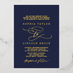 Romantic Gold Foil Navy Flourish Formal Wedding