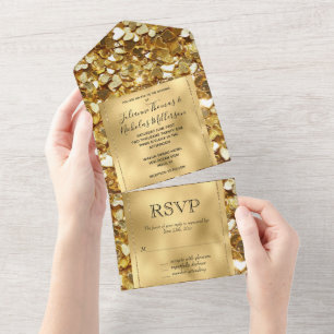 Romantic Gold Glam Glitzy Sparkle Hearts Wedding All In One Invitation