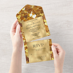 Romantic Gold Glam Hearts Wedding All In One Invitation