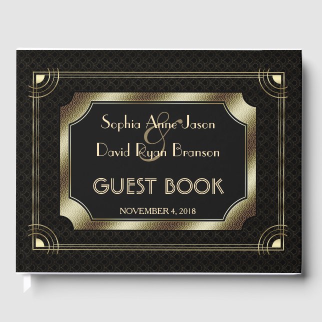 Romantic Gold Great Gatsby Art Deco 20s Wedding Guest Book (Front)