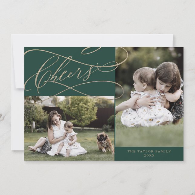 Romantic Gold Green Cheers 3 Photo Year In Review Holiday Card (Front)