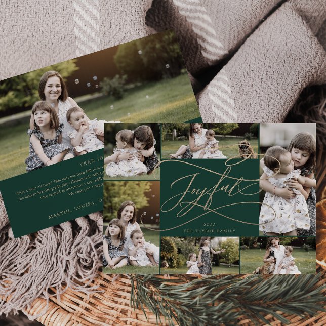 Romantic Gold Green Joyful 7 Photo Family News Holiday Card (Creator Uploaded)