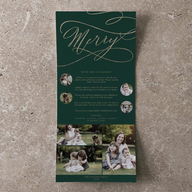 Romantic Gold Green Merry Christmas Multi Photo Tri-Fold Holiday Card (Creator Uploaded)