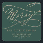 Romantic Gold Green Merry Return Address Envelope Square Sticker<br><div class="desc">These romantic gold green merry return address envelope stickers are perfect for a simple holiday card or invitation envelope. The modern classic design features fancy swirls and whimsical flourishes with gorgeous elegant hand lettered faux champagne gold foil typography.</div>