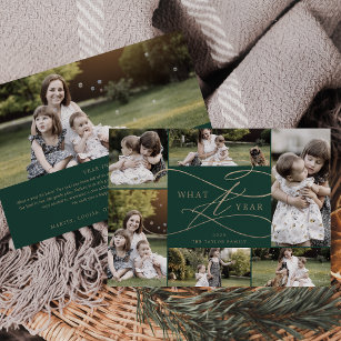 Romantic Gold Green What A Year 7 Photo Family Holiday Card