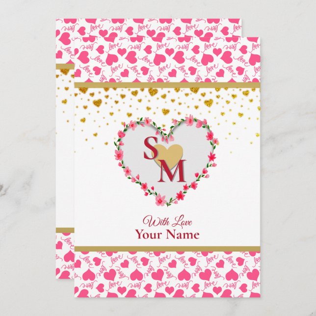 Romantic Gold Hearts Love Calligraphy Monogram (Front/Back)