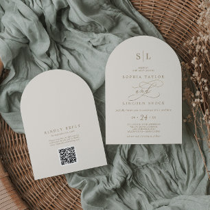 Romantic Gold Ivory Monogram QR Code Arch Wedding Invitation
