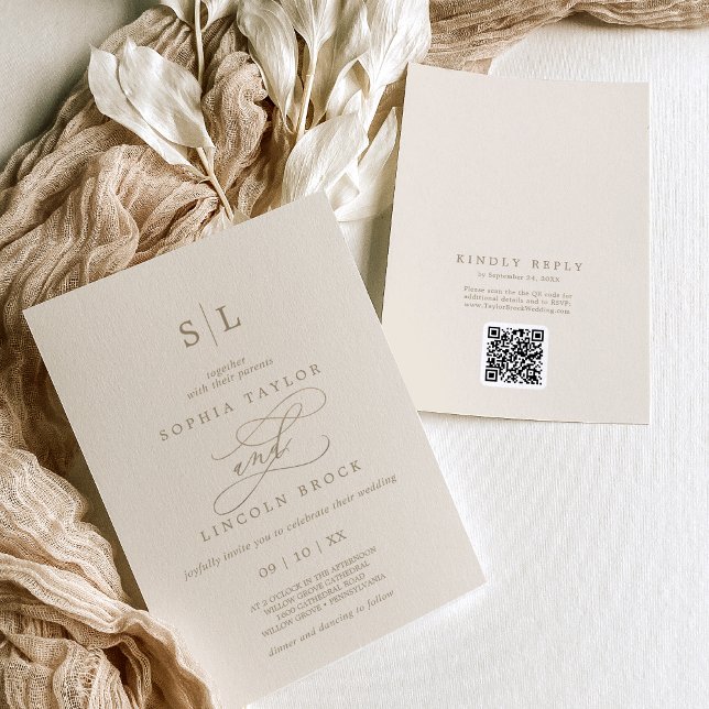 Romantic Gold Ivory Monogram QR Code RSVP Wedding Invitation (Romantic Gold Ivory Monogram QR Code RSVP Wedding Invitation)