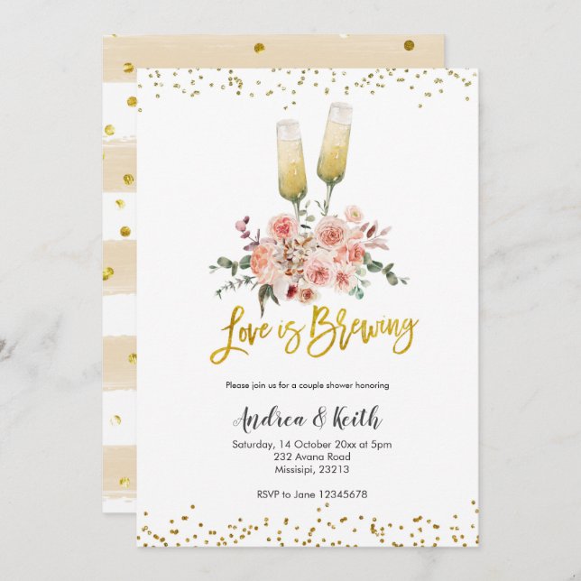 Romantic Gold Love is Brewing Couple Shower Invitation (Front/Back)