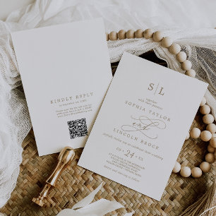 Romantic Gold Monogram Front Back QR Code Wedding Invitation