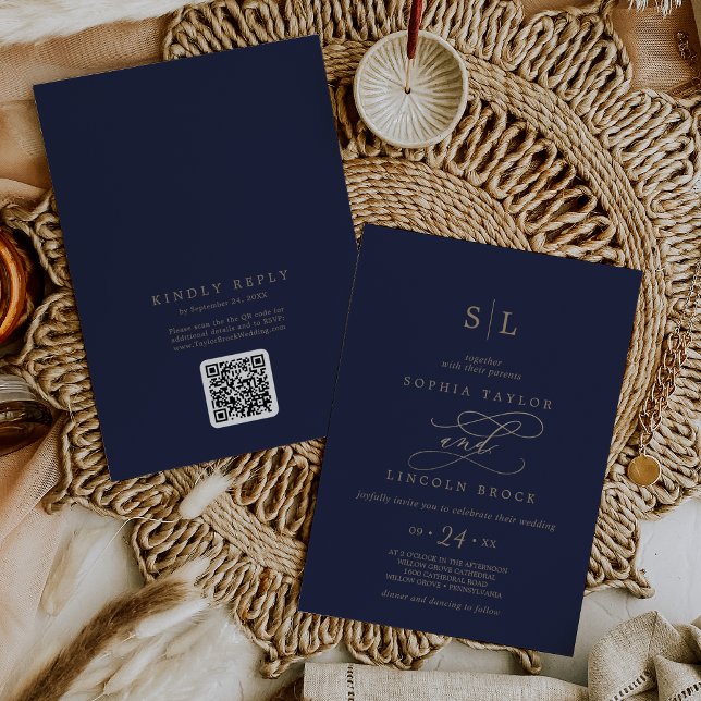 Romantic Gold Navy Monogram QR Code Back Wedding Invitation (Creator Uploaded)