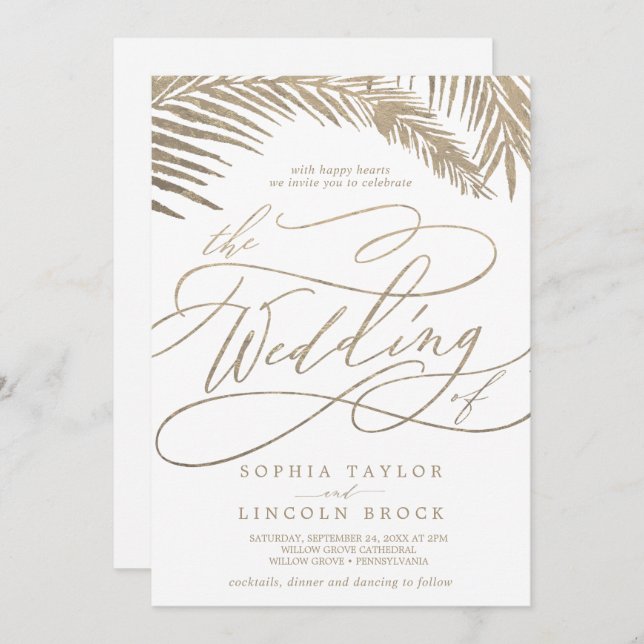 Romantic Gold Palm Leaves All In One Wedding Invitation (Front/Back)
