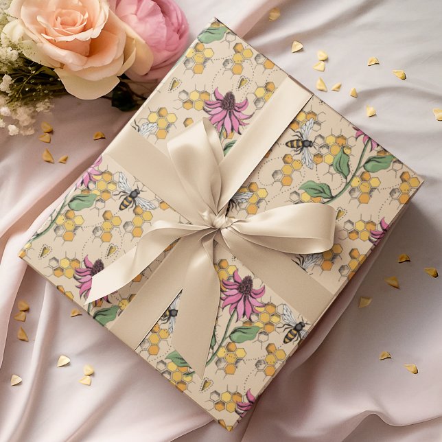 Romantic Gold Queen Bee, Honeycomb & Flowers Wrapping Paper (Elegant Hand-Drawn Buzzing Queen Bee, Honeycomb & Pink Exotic Flower Gift Wrap for Nature Lovers.)