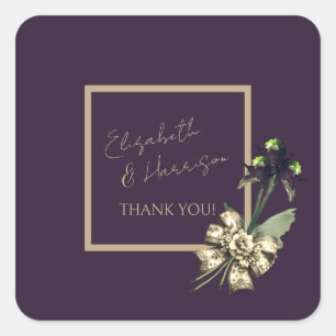 Romantic Gold Script Dark Plum Wedding Thank You Square Sticker