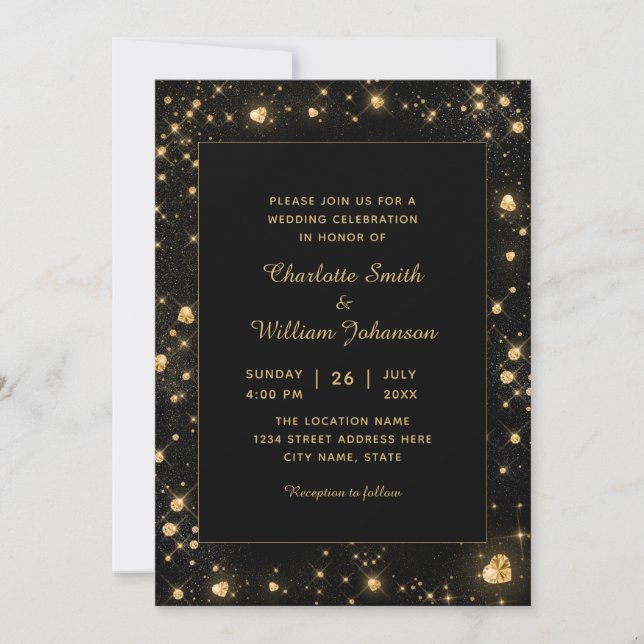 Romantic Gold Sparkly Diamond Hearts Black Invitation (Front)