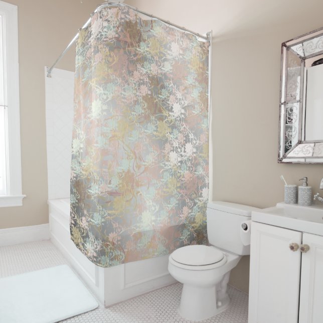 Romantic ,gold, Teal,, Watercolor, Chic, Floral Shower Curtain (In Situ)