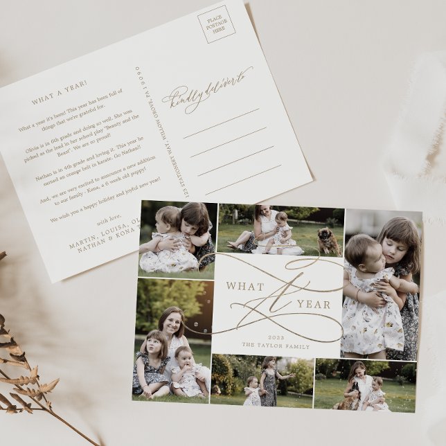 Romantic Gold What A Year 6 Photo Year in Review Holiday Postcard (Creator Uploaded)