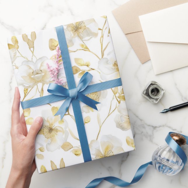 Romantic Gold White Floral Bridal Shower Wrapping Paper (Gifting)