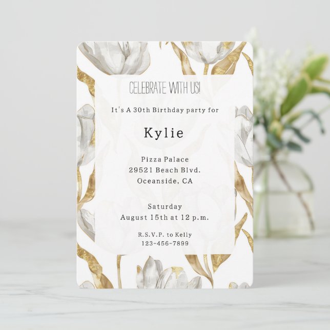 Romantic Gold White Tulips Floral Birthday   Invitation (Standing Front)