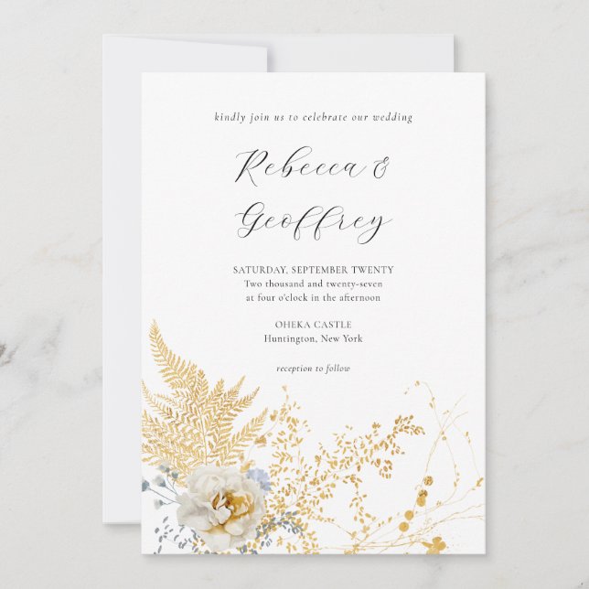 Romantic Golden Floral Calligraphy Wedding Invitation (Front)