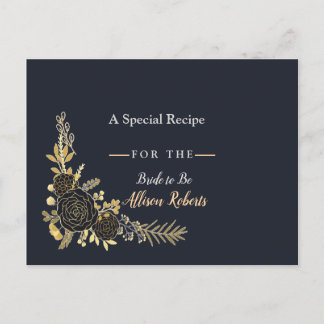Romantic golden Floral Navy Blue Bridal Shower R Invitation Postcard