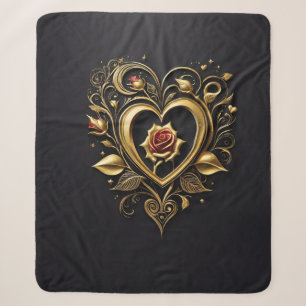 Romantic golden heart with a blooming red rose sherpa blanket
