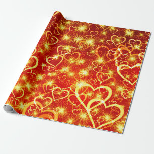 Romantic Golden Hearts on Orange Wrapping Paper