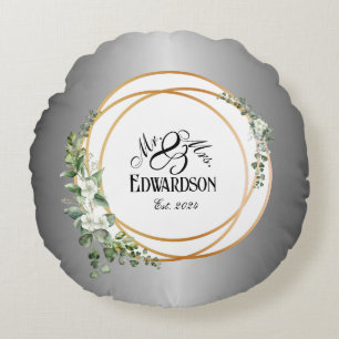 Romantic Golden Rings & Floral Anniversary  Round Cushion