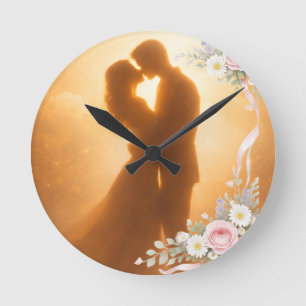 Romantic Golden Sunset Silhouette Wedding Napkins Round Clock