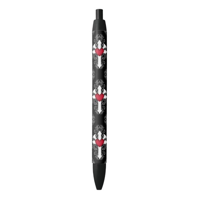 Romantic Goth winged heart pattern Black Ink Pen (Front Vertical)