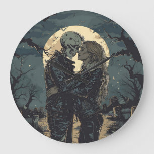Romantic gothic cartoon of a skeleton and woman large clock