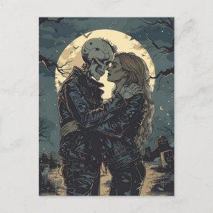 Romantic gothic cartoon of a skeleton and woman  postcard