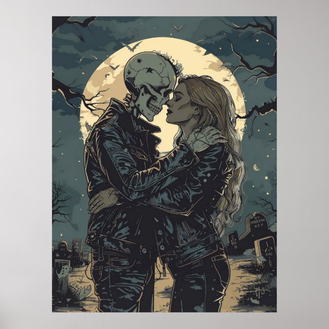 Romantic gothic cartoon of a skeleton and woman  poster (Front)
