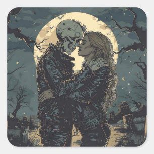 Romantic gothic cartoon of a skeleton and woman square sticker
