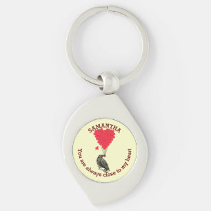 Romantic gothic crow and red heart personalised key ring