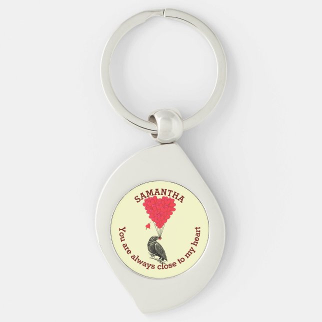 Romantic gothic crow and red heart personalised key ring (Front)