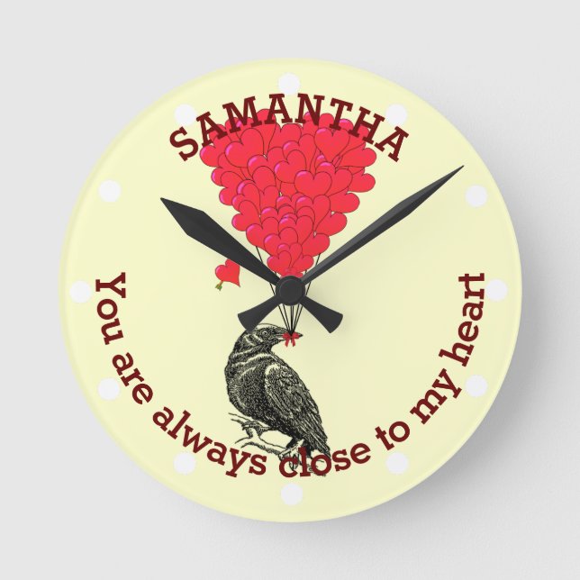 Romantic gothic crow and red heart personalised round clock (Front)