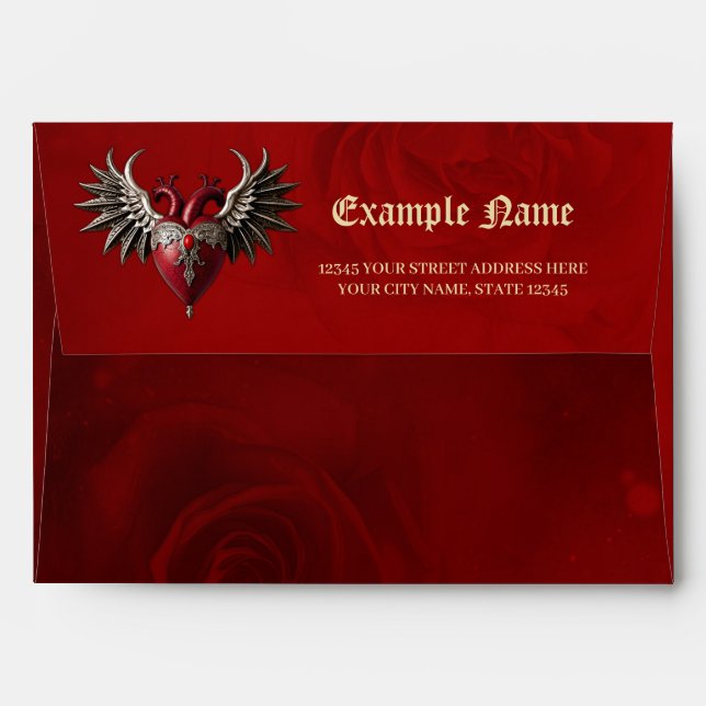 Romantic Gothic icon: heart, rose, skull. Envelope (Back (Top Flap))