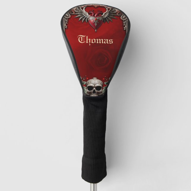 Romantic Gothic icon: heart, rose, skull.  Golf Head Cover (Front)