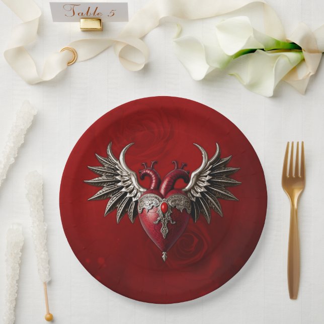 Romantic Gothic icon: heart, rose, skull.  Paper Plate (Wedding)