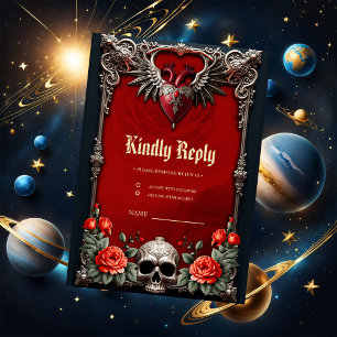 Romantic Gothic icon: heart, rose, skull.  RSVP Card